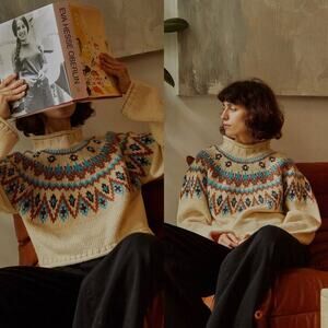 Inexclsv Cream Fair Isle Eclectic Grandpa Roll Neck Sweater Cozycore Academia